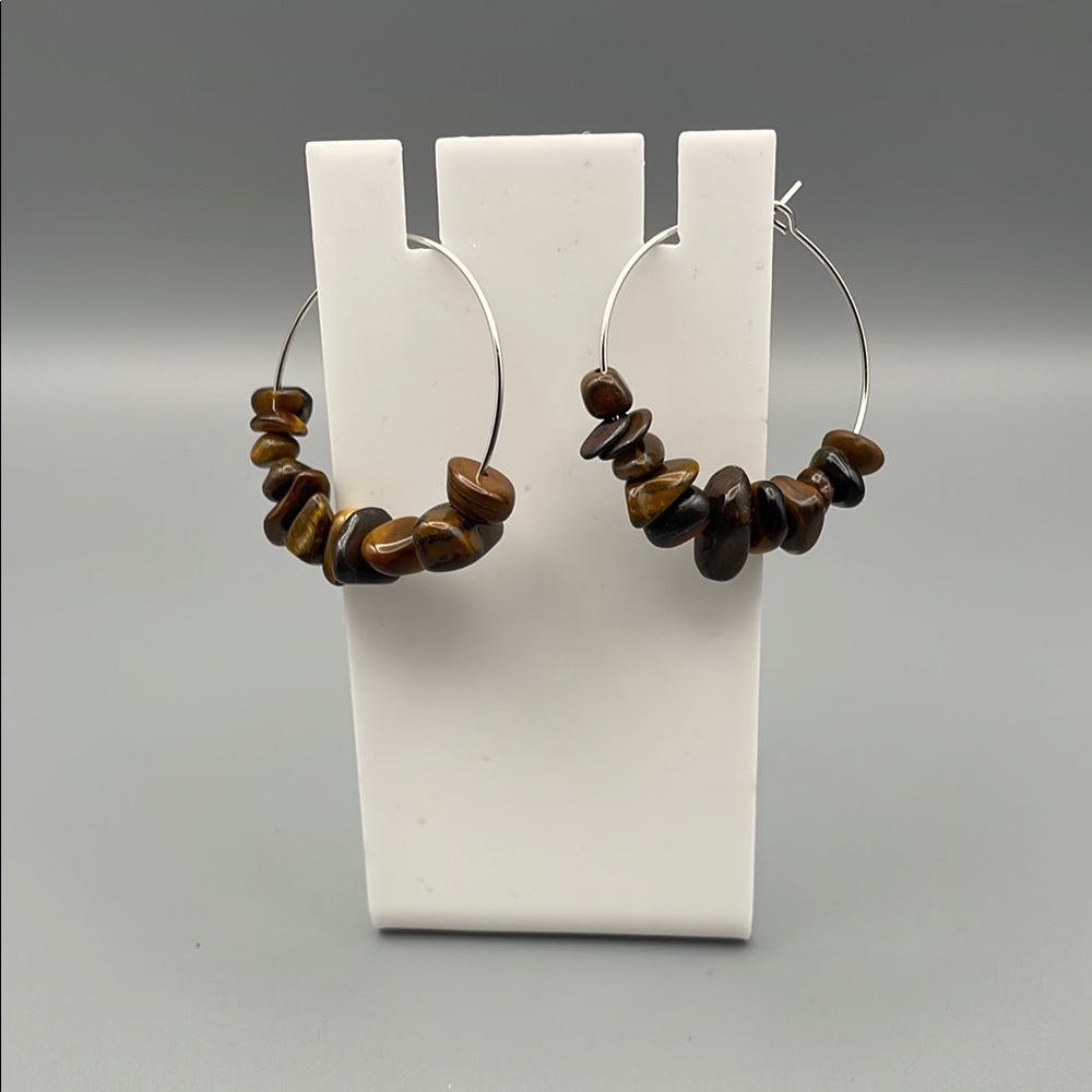 Chic Brown Stone Hoop Earrings